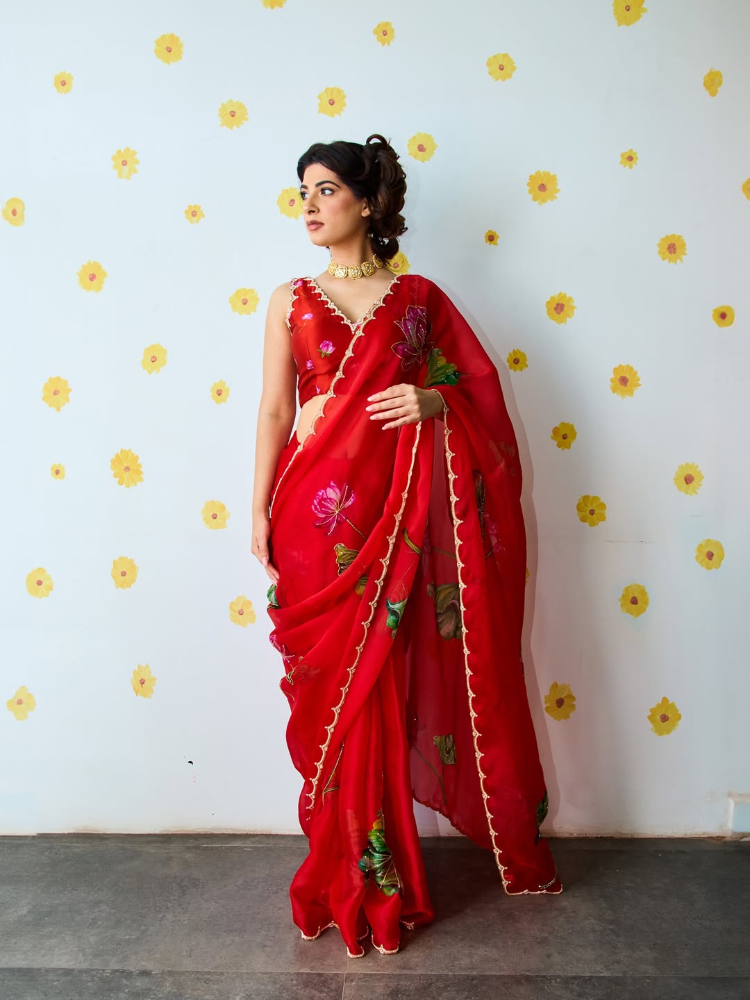 Bright Red Designer Saree With Elegant Flowing Drape