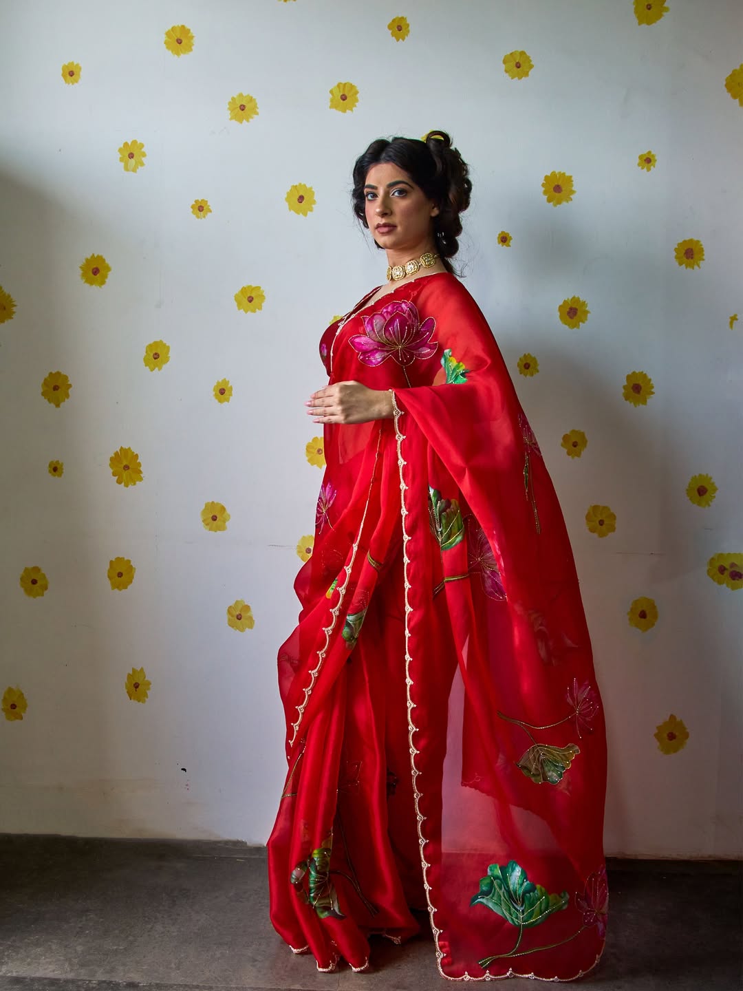 Bright Red Designer Saree With Elegant Flowing Drape