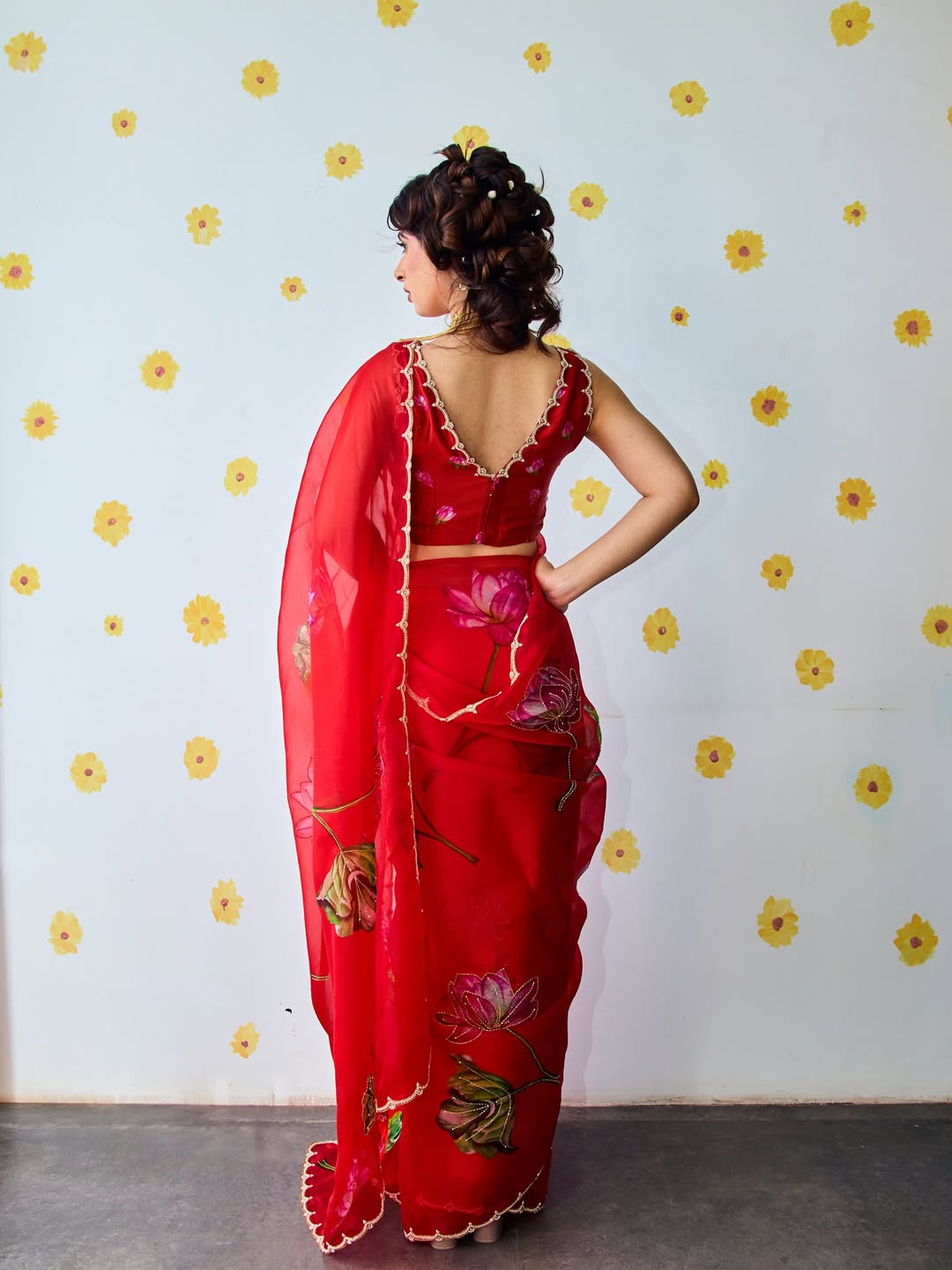 Bright Red Designer Saree With Elegant Flowing Drape