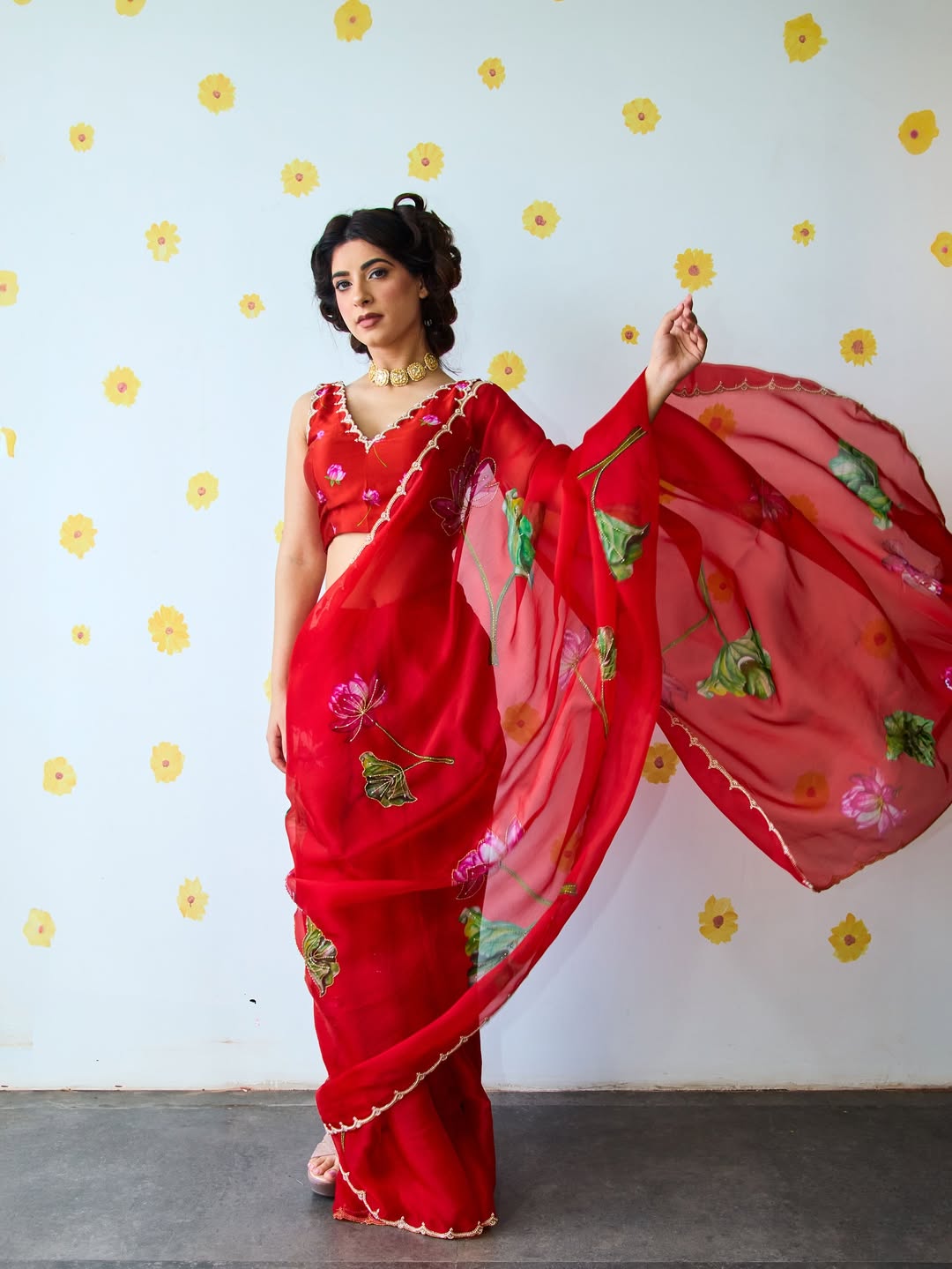 Bright Red Designer Saree With Elegant Flowing Drape