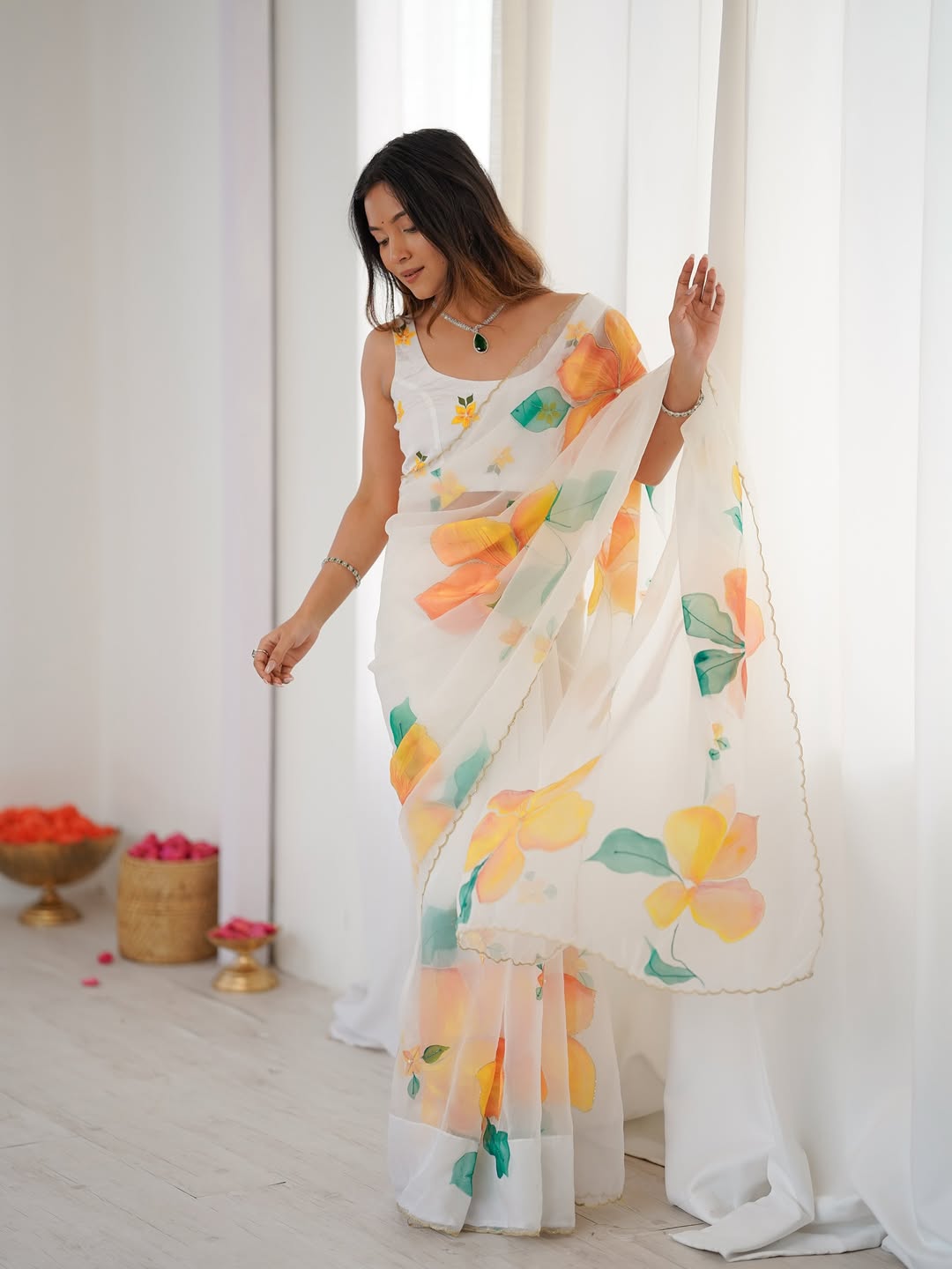 White Multicolor Floral Saree With Trendy Summer Print
