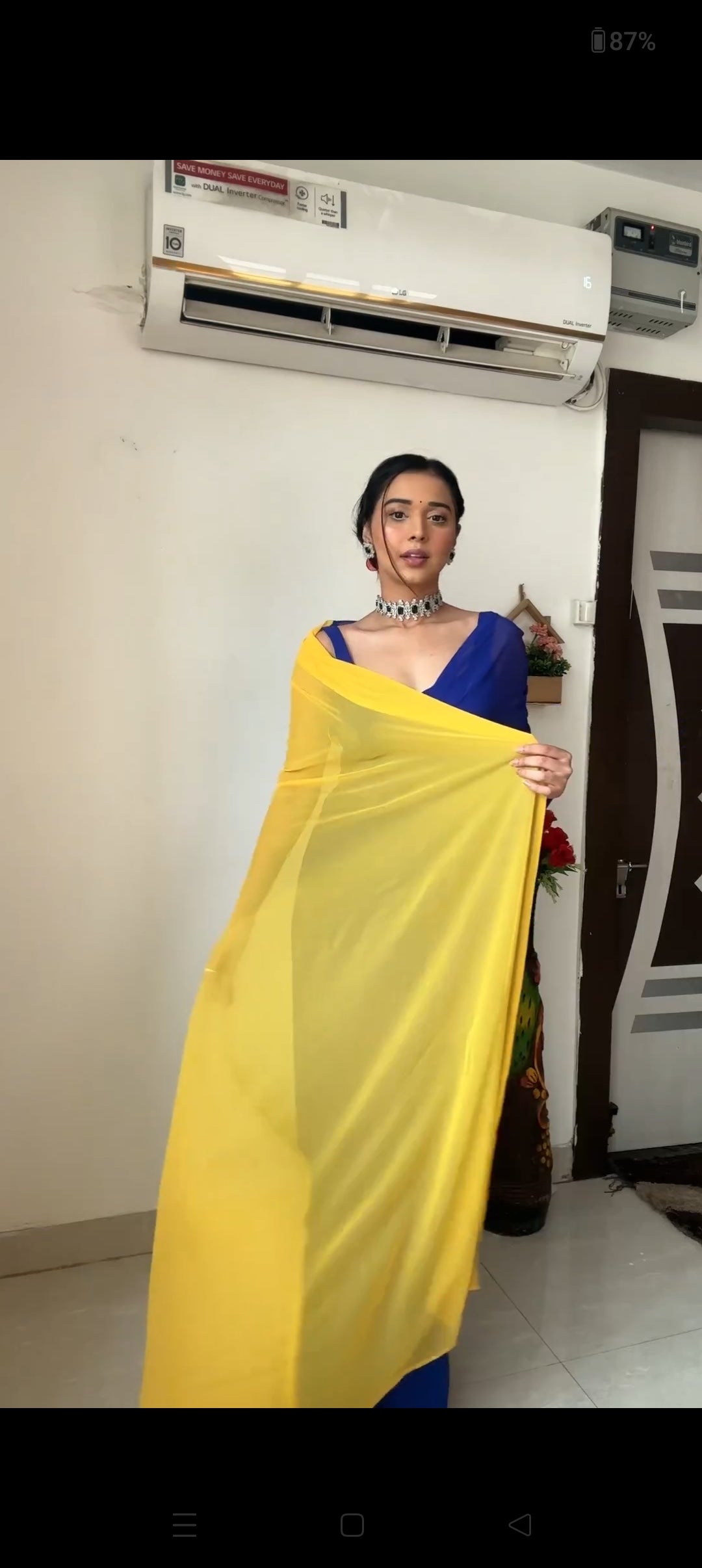 Ready To Wear Georgette Royal Blue and Yellow Designer Saree