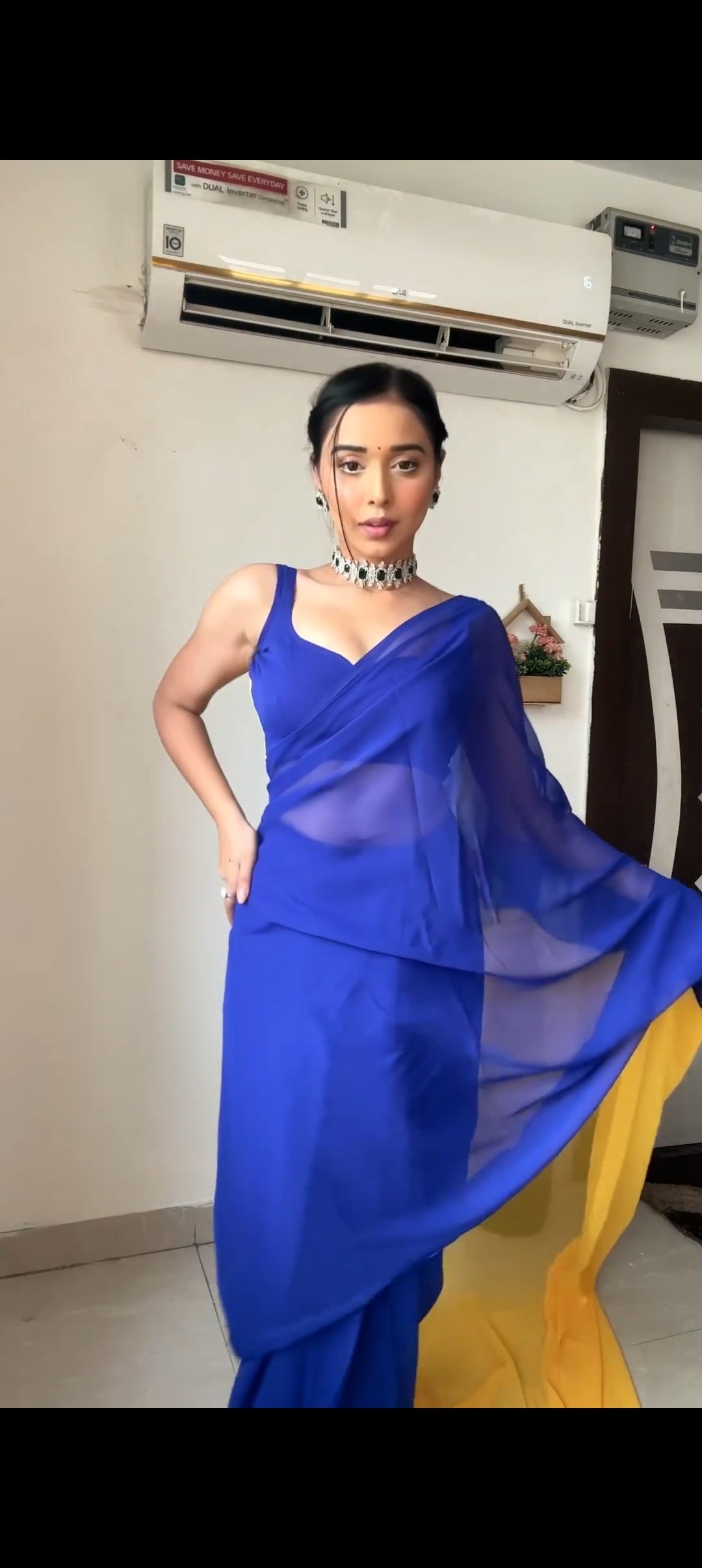 Ready To Wear Georgette Royal Blue and Yellow Designer Saree