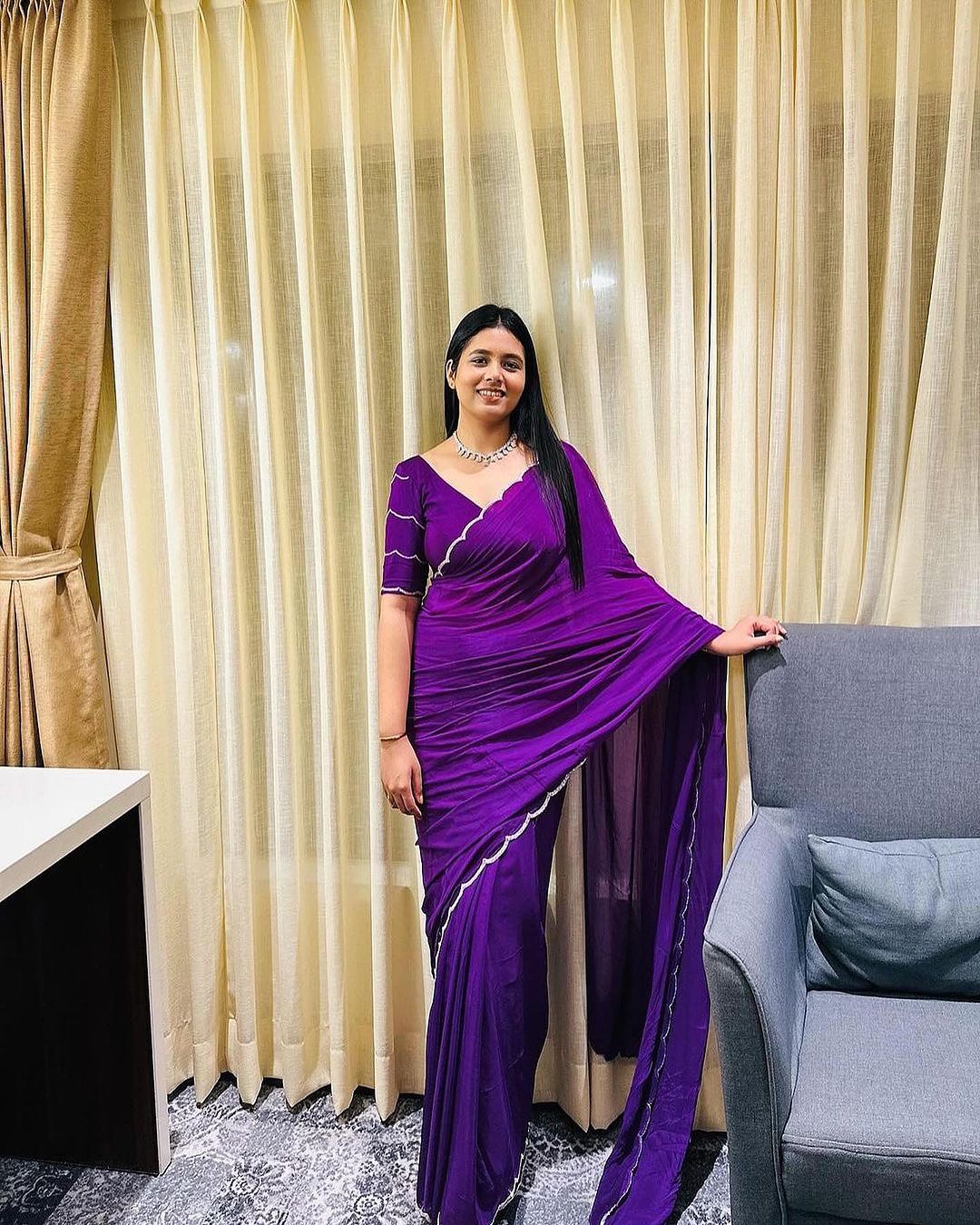 Royal Purple Party Wear Saree With Elegant Stone Border