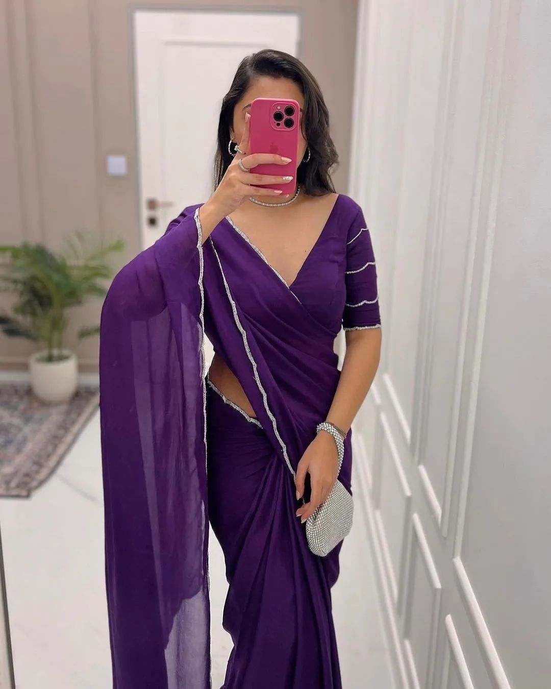 Royal Purple Party Wear Saree With Elegant Stone Border