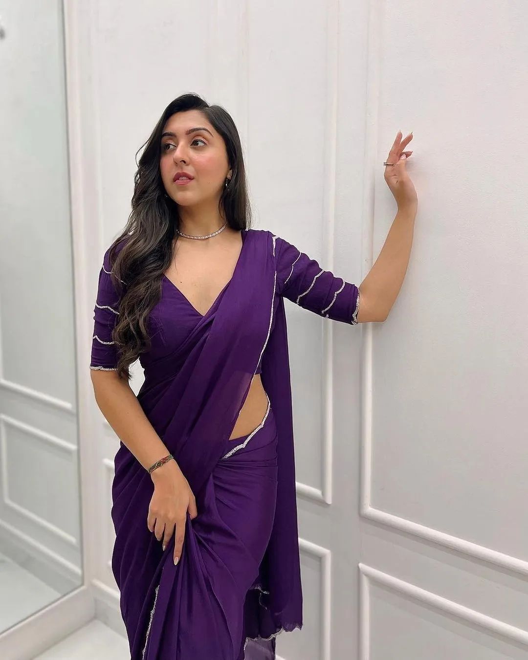 Royal Purple Party Wear Saree With Elegant Stone Border