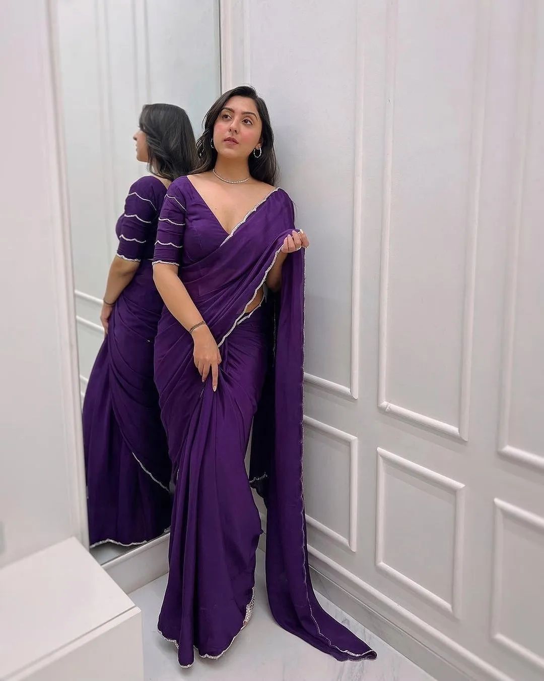 Royal Purple Party Wear Saree With Elegant Stone Border