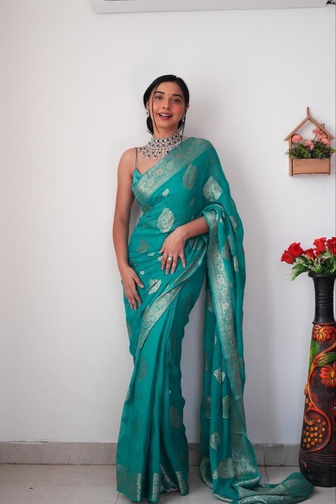 Ready To Wear Banarasi Festive Wear Turquoise Silk Saree