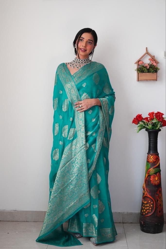 Ready To Wear Banarasi Festive Wear Turquoise Silk Saree
