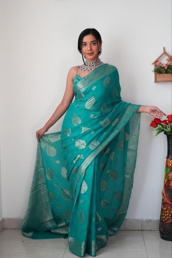 Ready To Wear Banarasi Festive Wear Turquoise Silk Saree