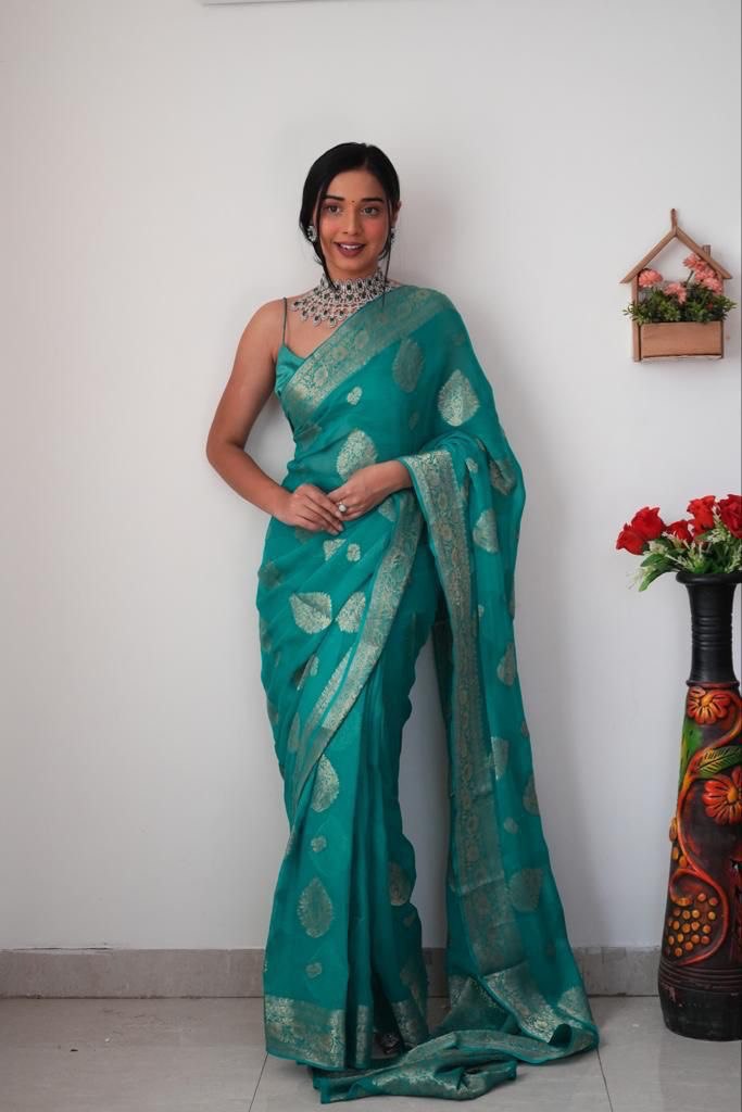 Ready To Wear Banarasi Festive Wear Turquoise Silk Saree
