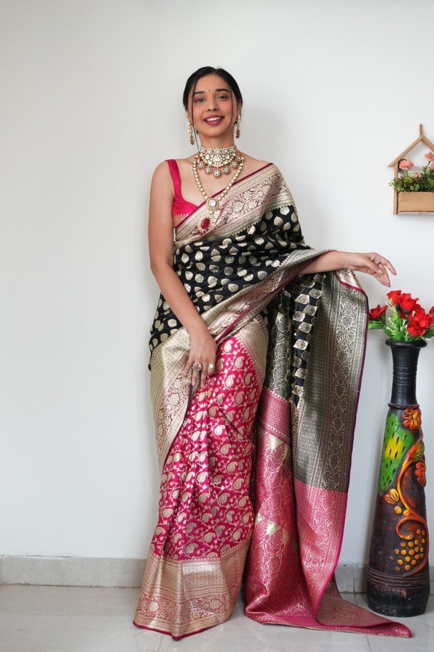 Ready To Wear Banarasi Black And Pink Saree
