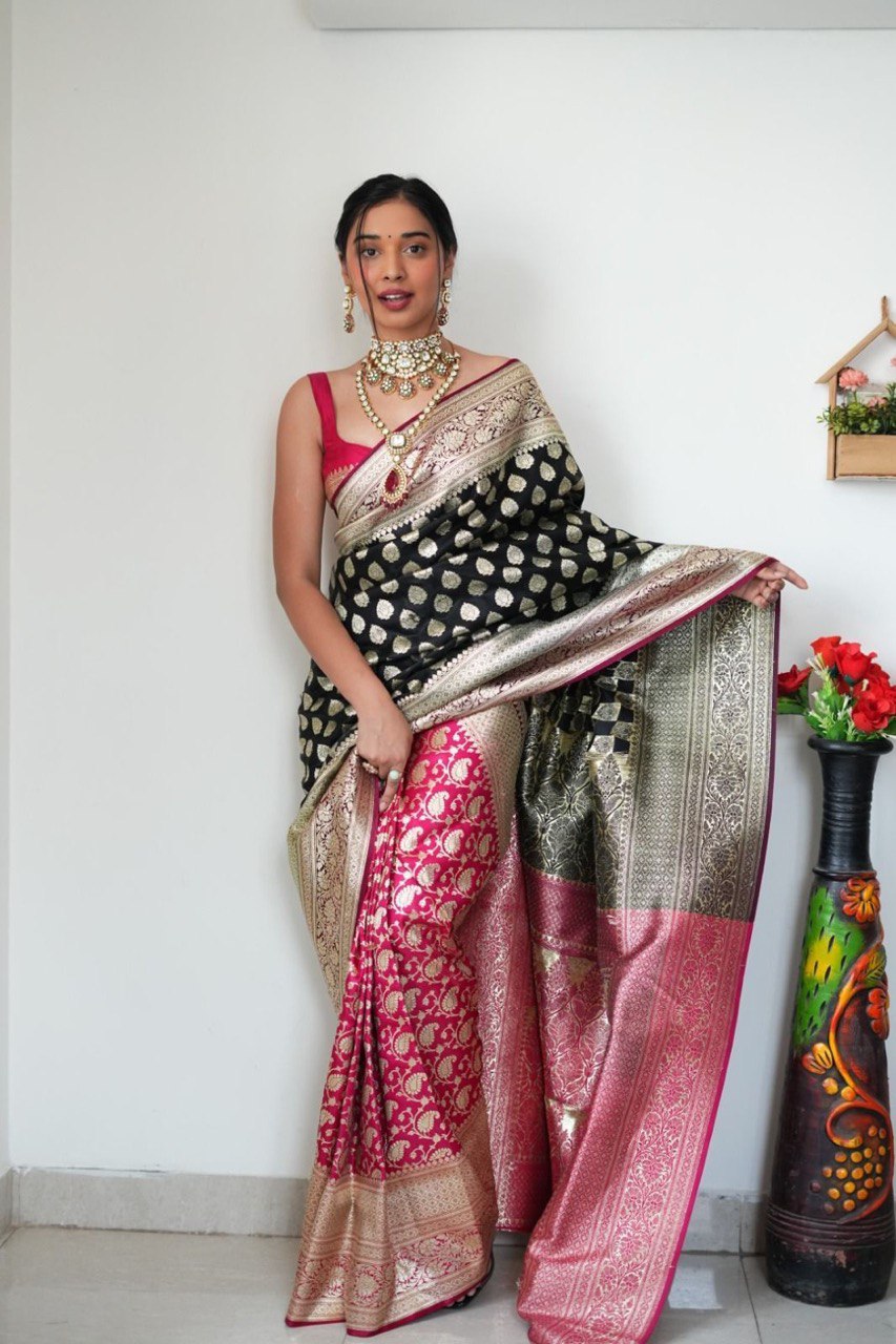 Ready To Wear Banarasi Black And Pink Saree