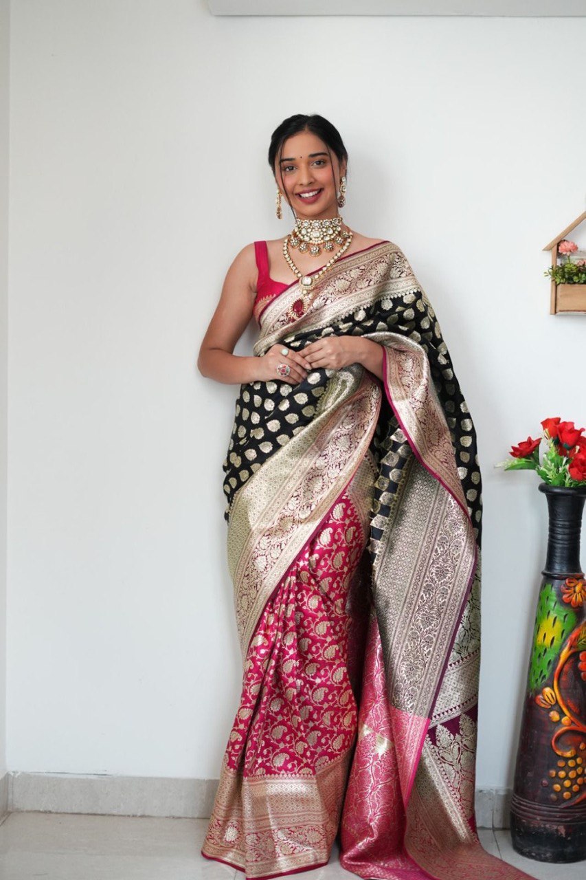 Ready To Wear Banarasi Black And Pink Saree