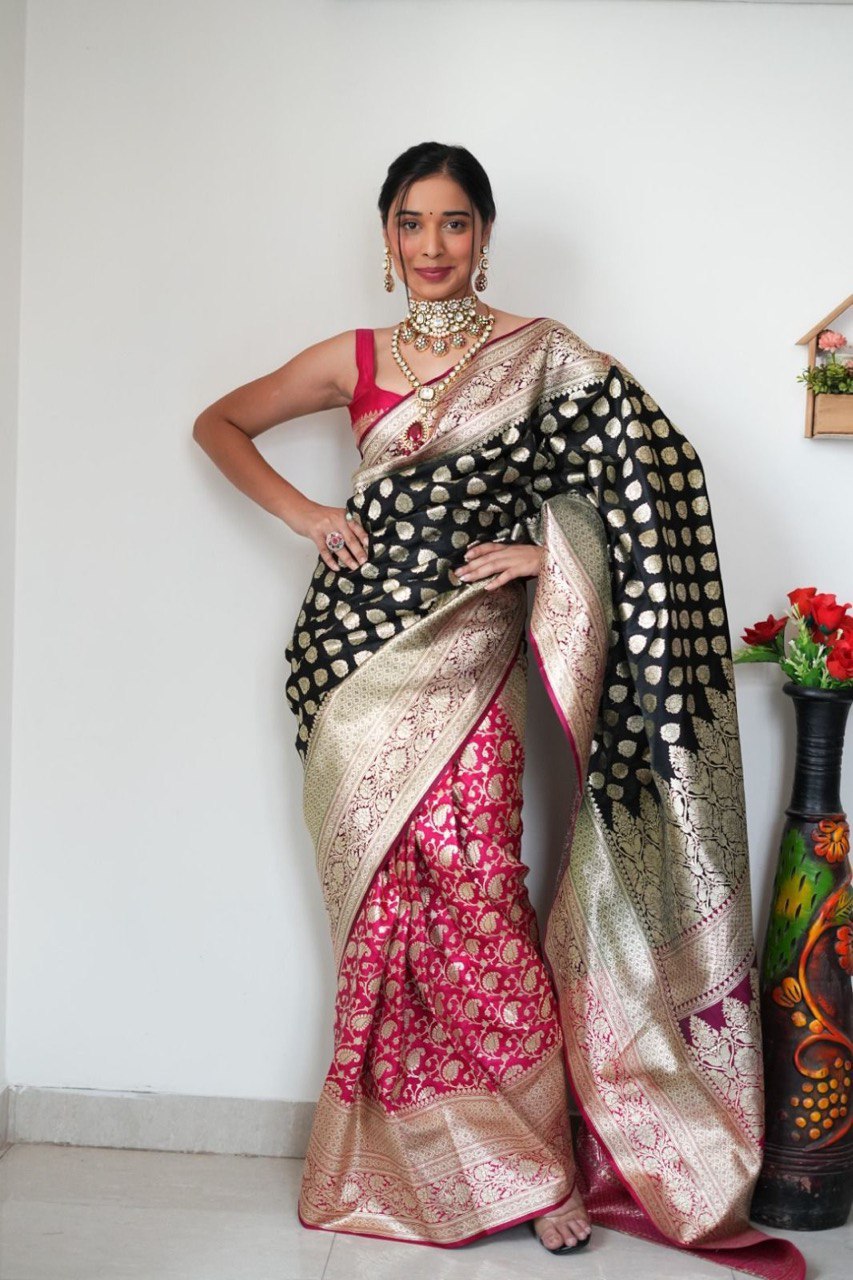 Ready To Wear Banarasi Black And Pink Saree