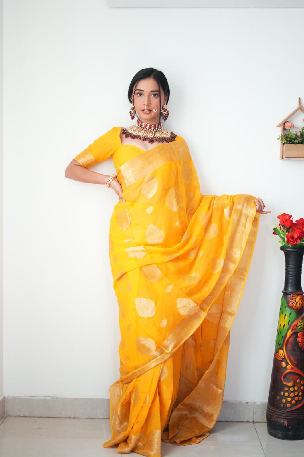 Ready To Wear Banarasi Yellow Traditional Silk Saree