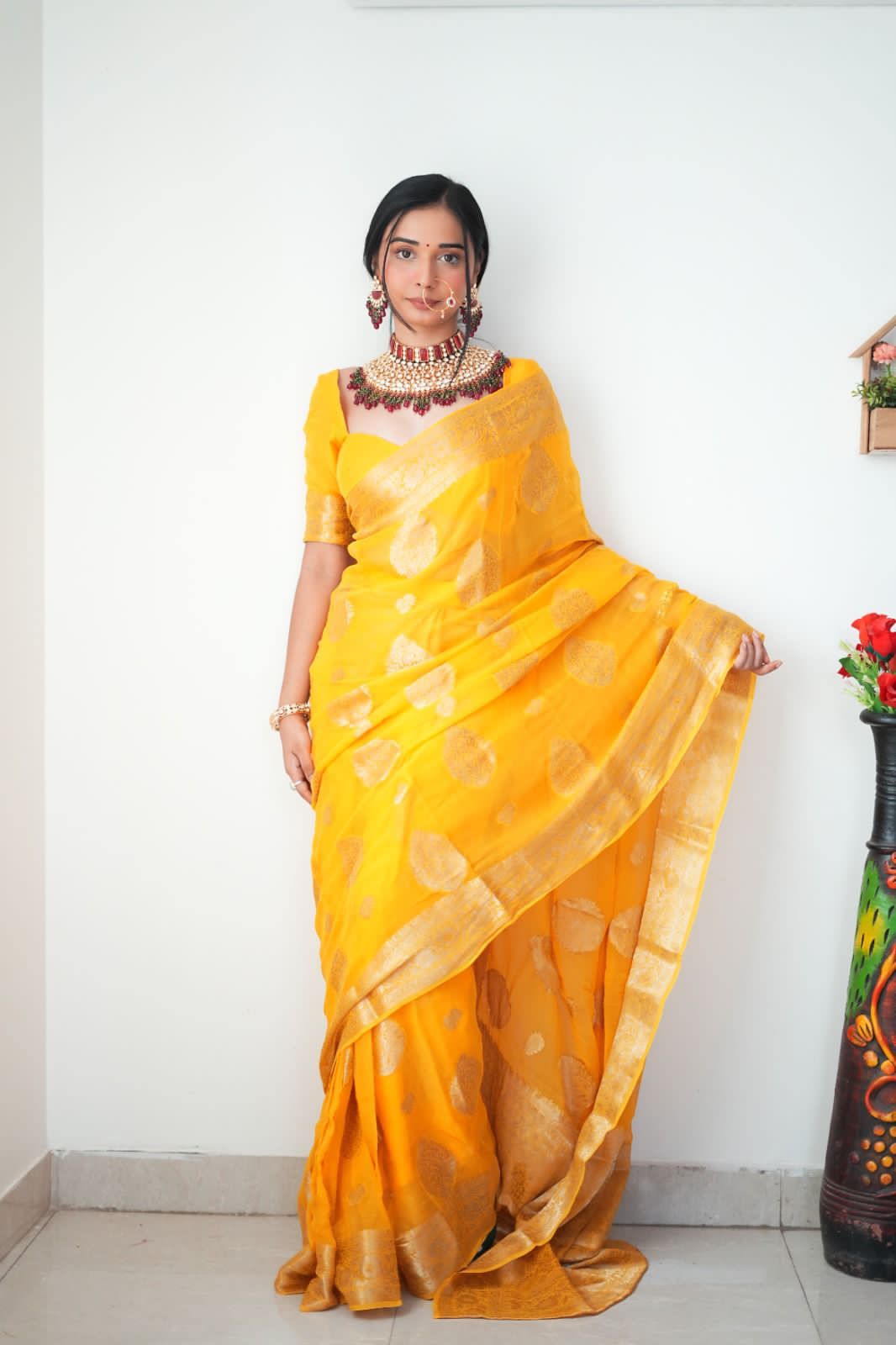 Ready To Wear Banarasi Yellow Traditional Silk Saree