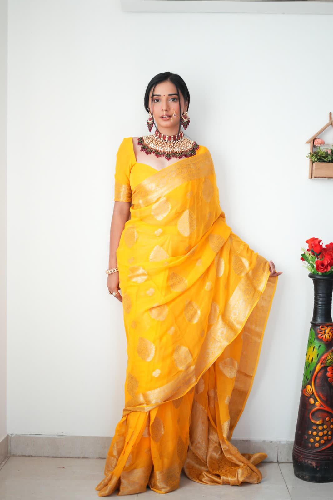 Ready To Wear Banarasi Yellow Traditional Silk Saree