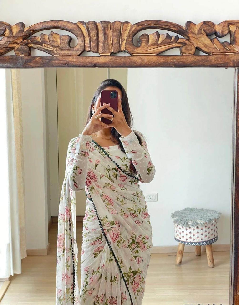 Ready To Wear Georgette Elegant White Floral Printed Saree