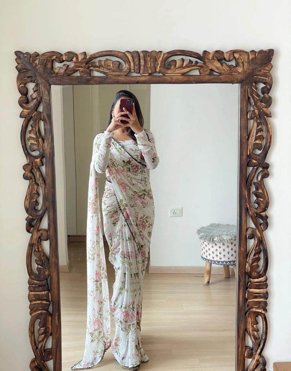 Ready To Wear Georgette Elegant White Floral Printed Saree