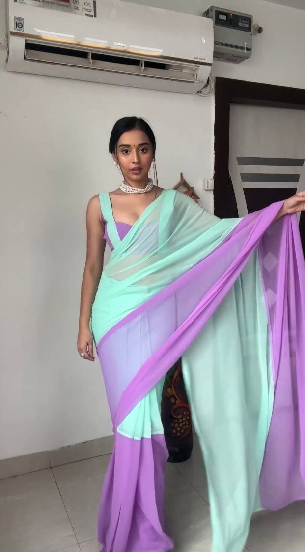 Ready To Wear Georgette Mint Green and Lavender Designer Saree