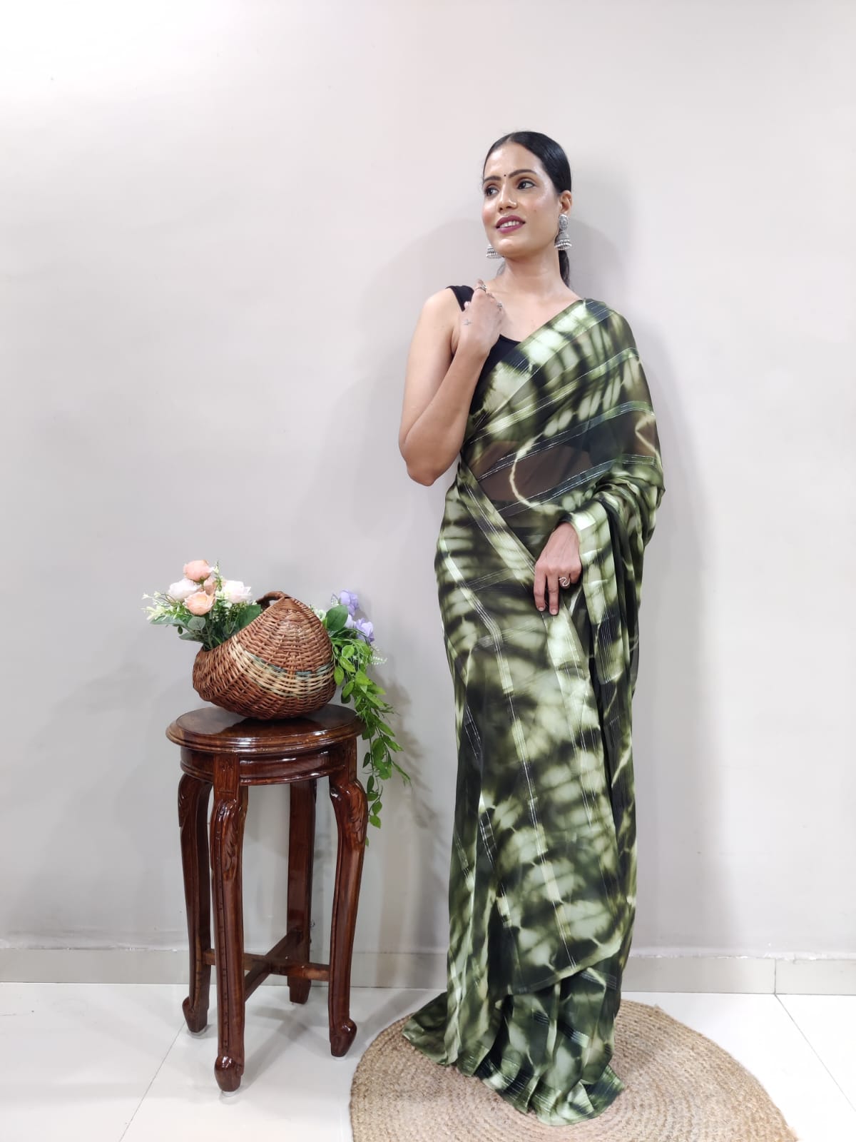 Ready To Wear Georgette Olive Green Leaf Print Elegant Saree