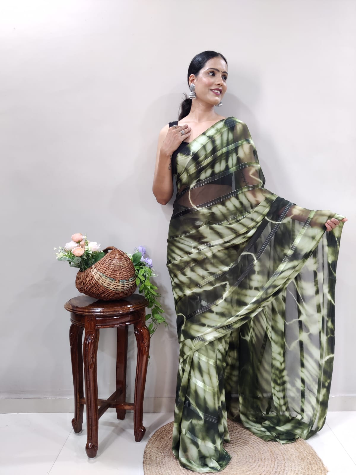 Ready To Wear Georgette Olive Green Leaf Print Elegant Saree