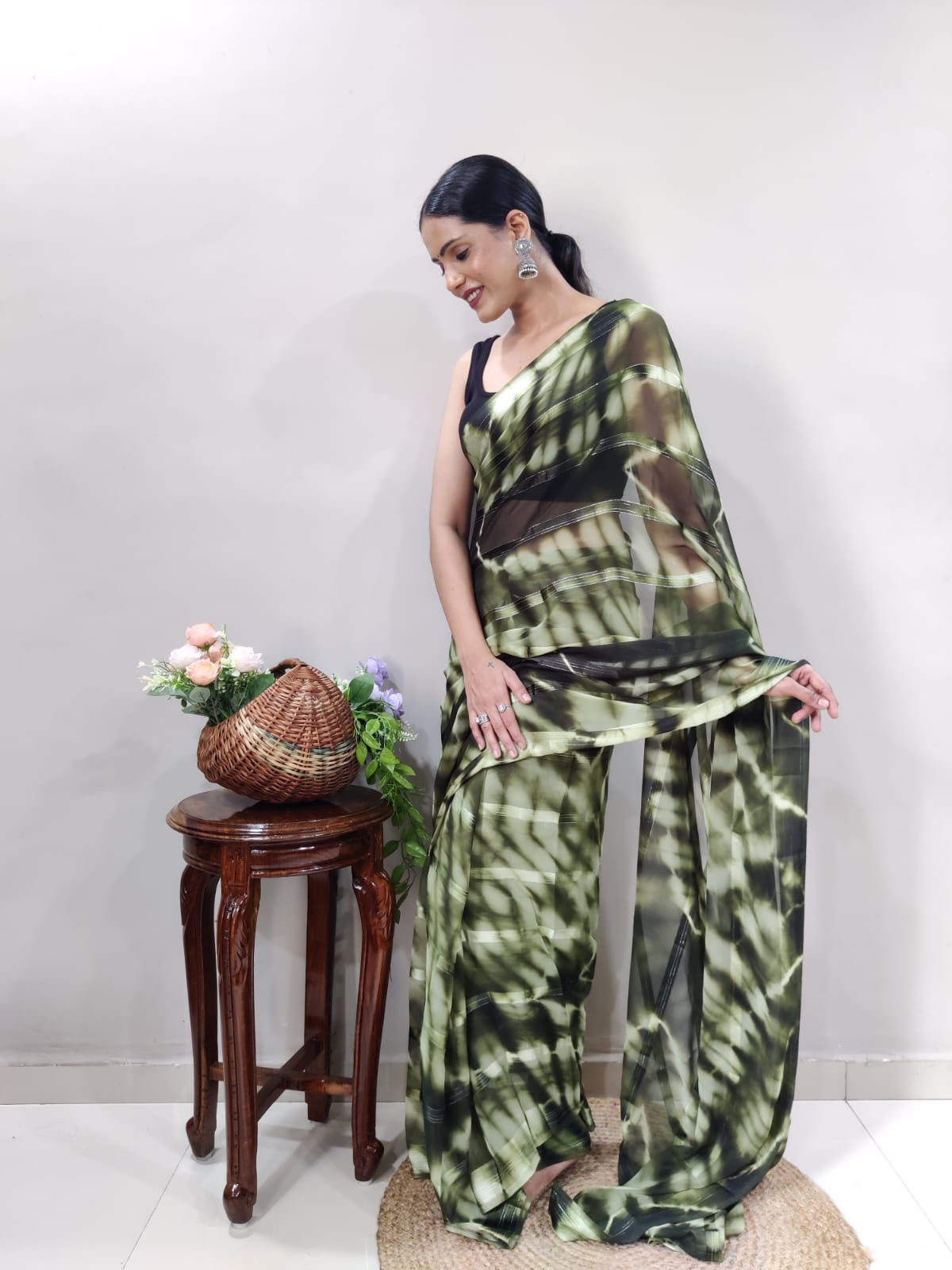 Ready To Wear Georgette Olive Green Leaf Print Elegant Saree