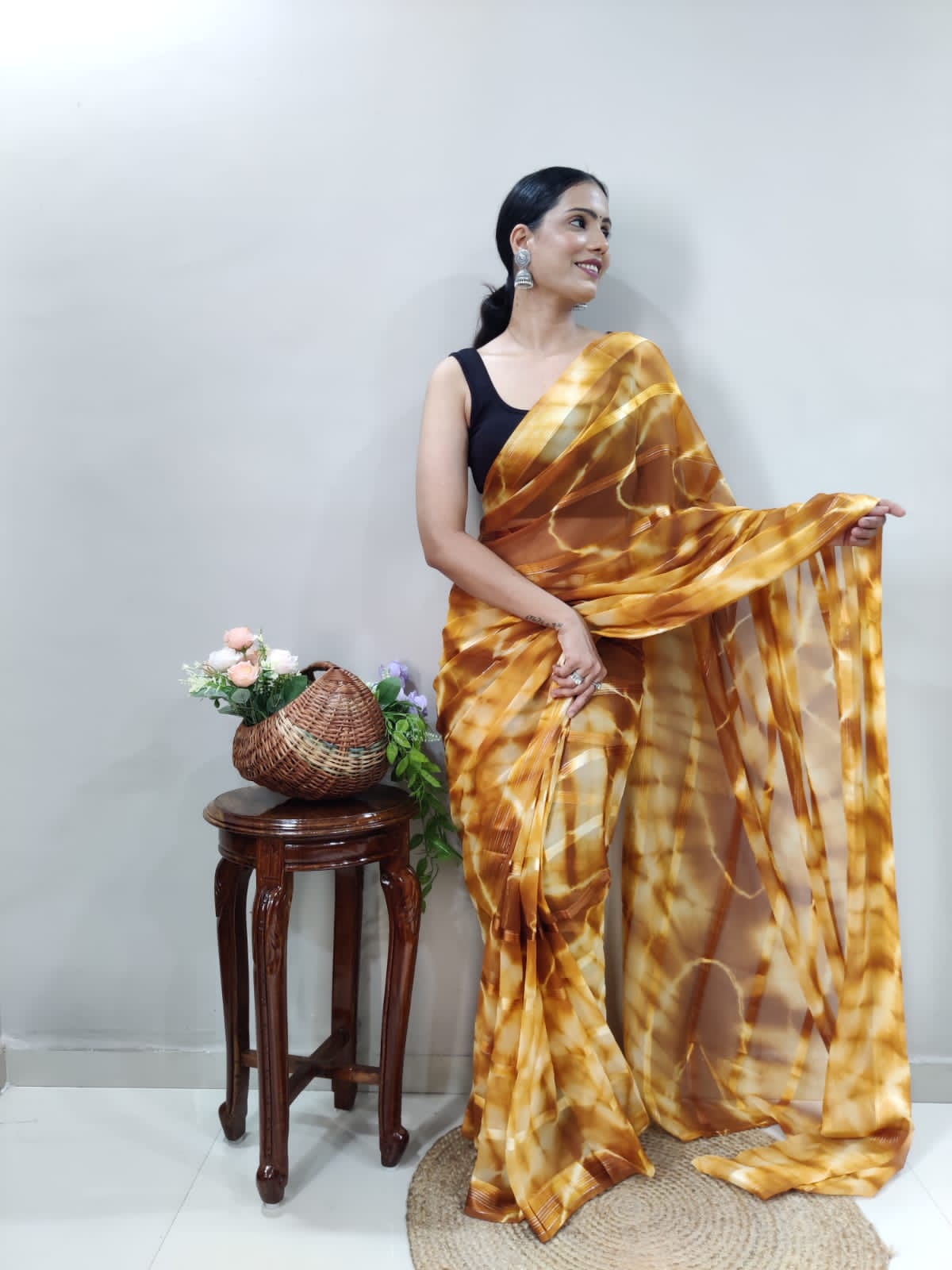 Ready To Wear Georgette Golden Tie Dye Designer Saree