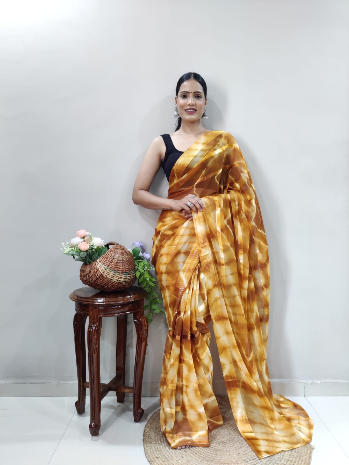 Ready To Wear Georgette Golden Tie Dye Designer Saree