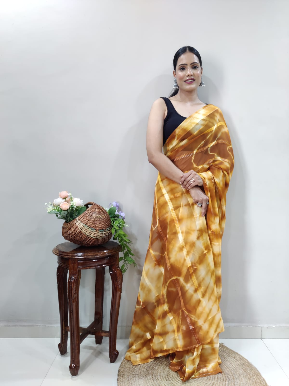 Ready To Wear Georgette Golden Tie Dye Designer Saree