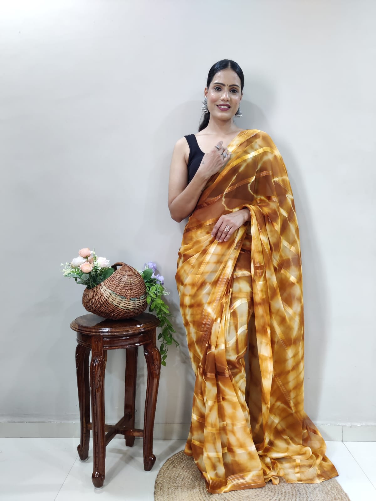 Ready To Wear Georgette Golden Tie Dye Designer Saree