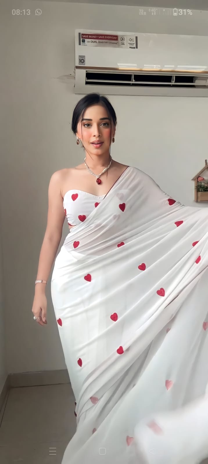 Ready To Wear Georgette White Heart Print Stylish Saree