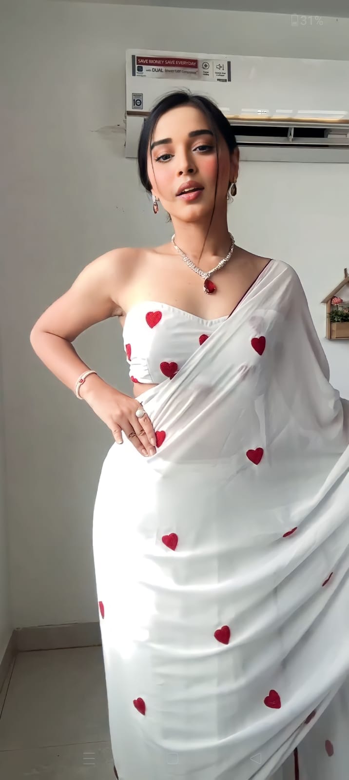 Ready To Wear Georgette White Heart Print Stylish Saree