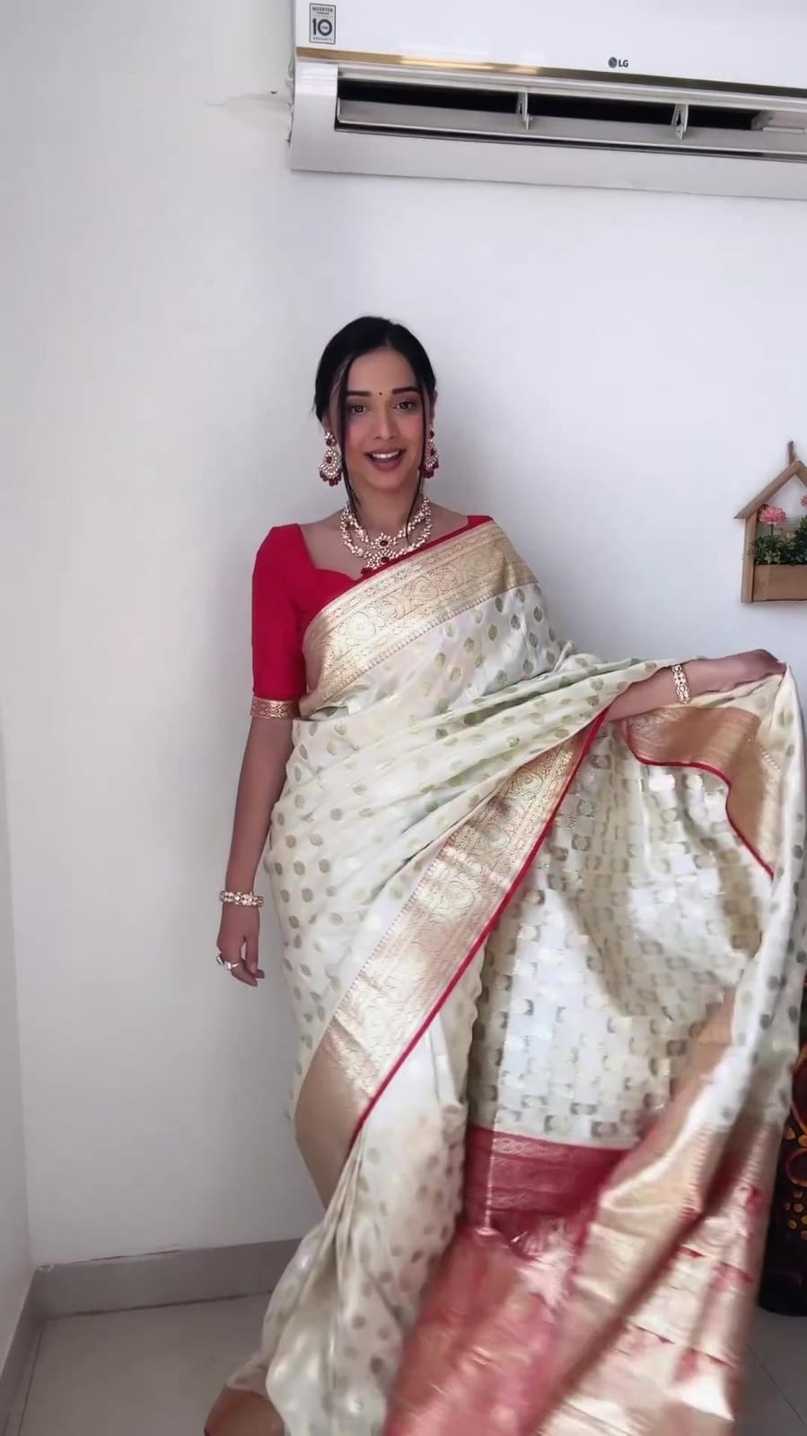 Ready To Wear banarasi Off White Silk Saree With Rich Red Border & Golden Zari Work