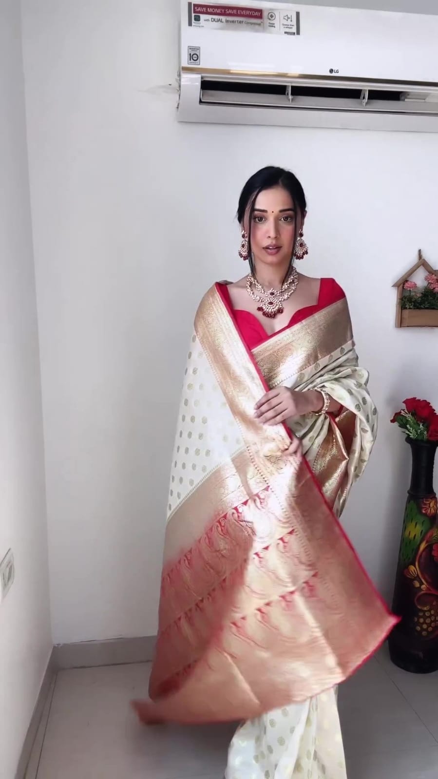 Ready To Wear banarasi Off White Silk Saree With Rich Red Border & Golden Zari Work