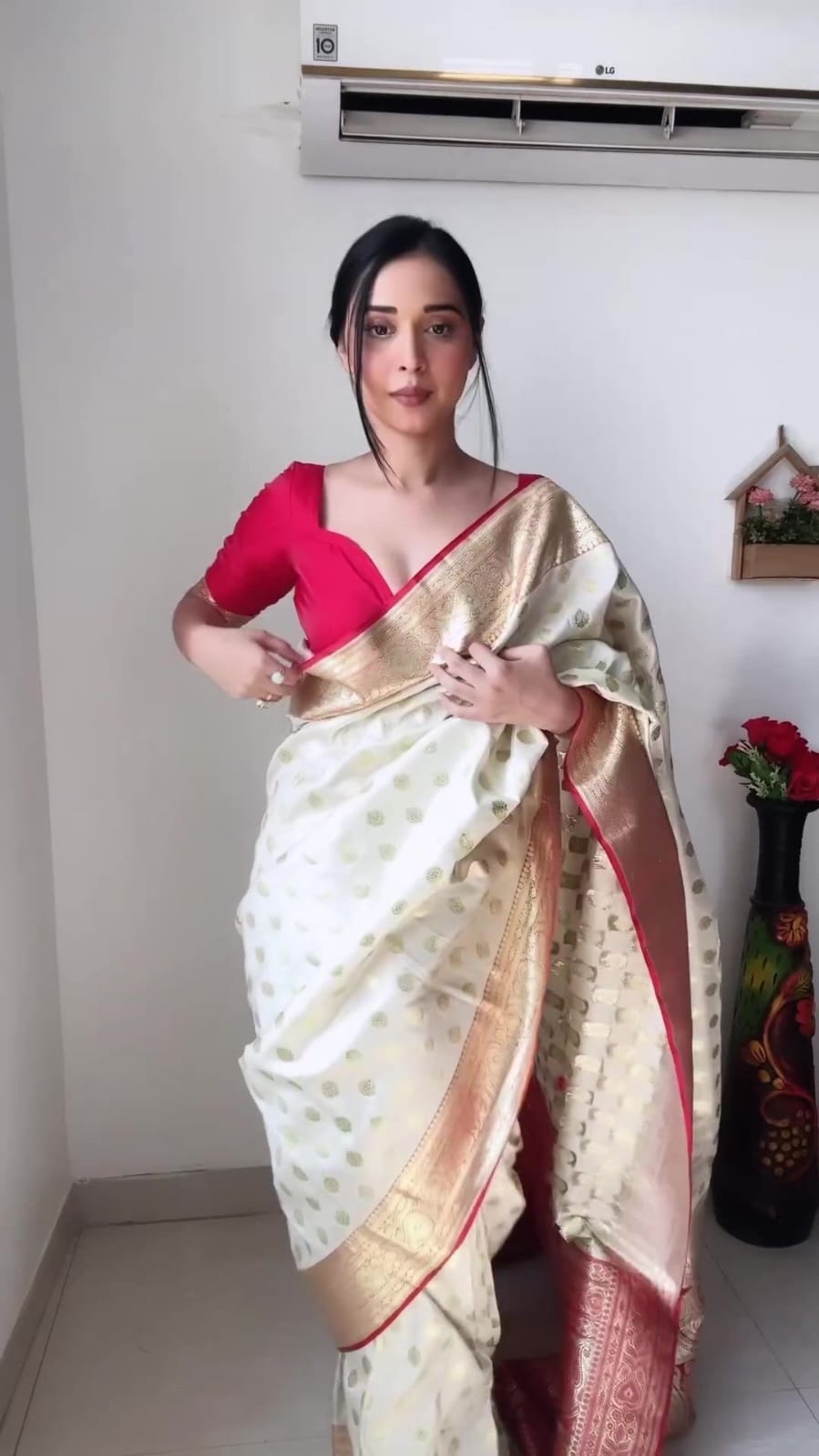 Ready To Wear banarasi Off White Silk Saree With Rich Red Border & Golden Zari Work