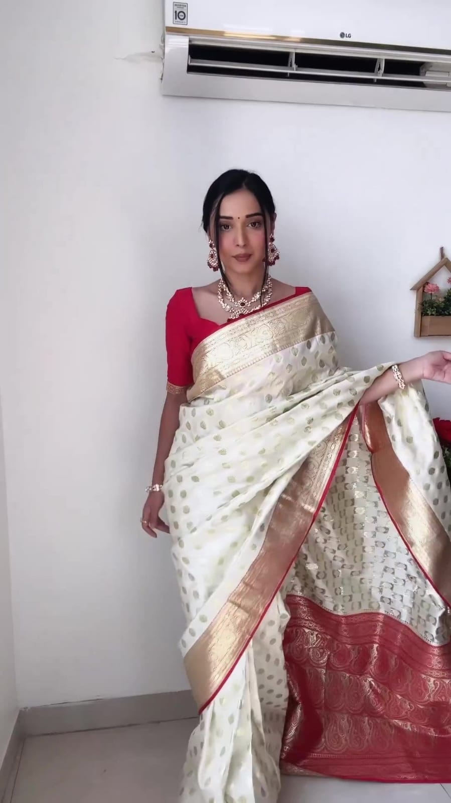 Ready To Wear banarasi Off White Silk Saree With Rich Red Border & Golden Zari Work