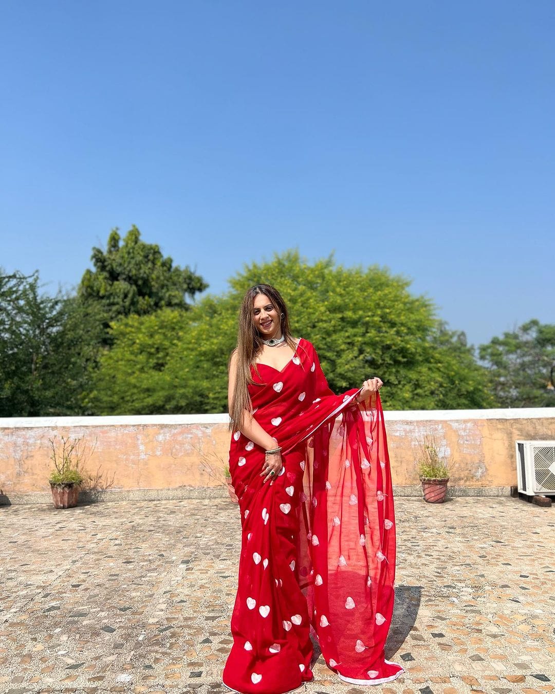 Ready To Wear Georgette  Ruby Red Heart Motif Designer Saree