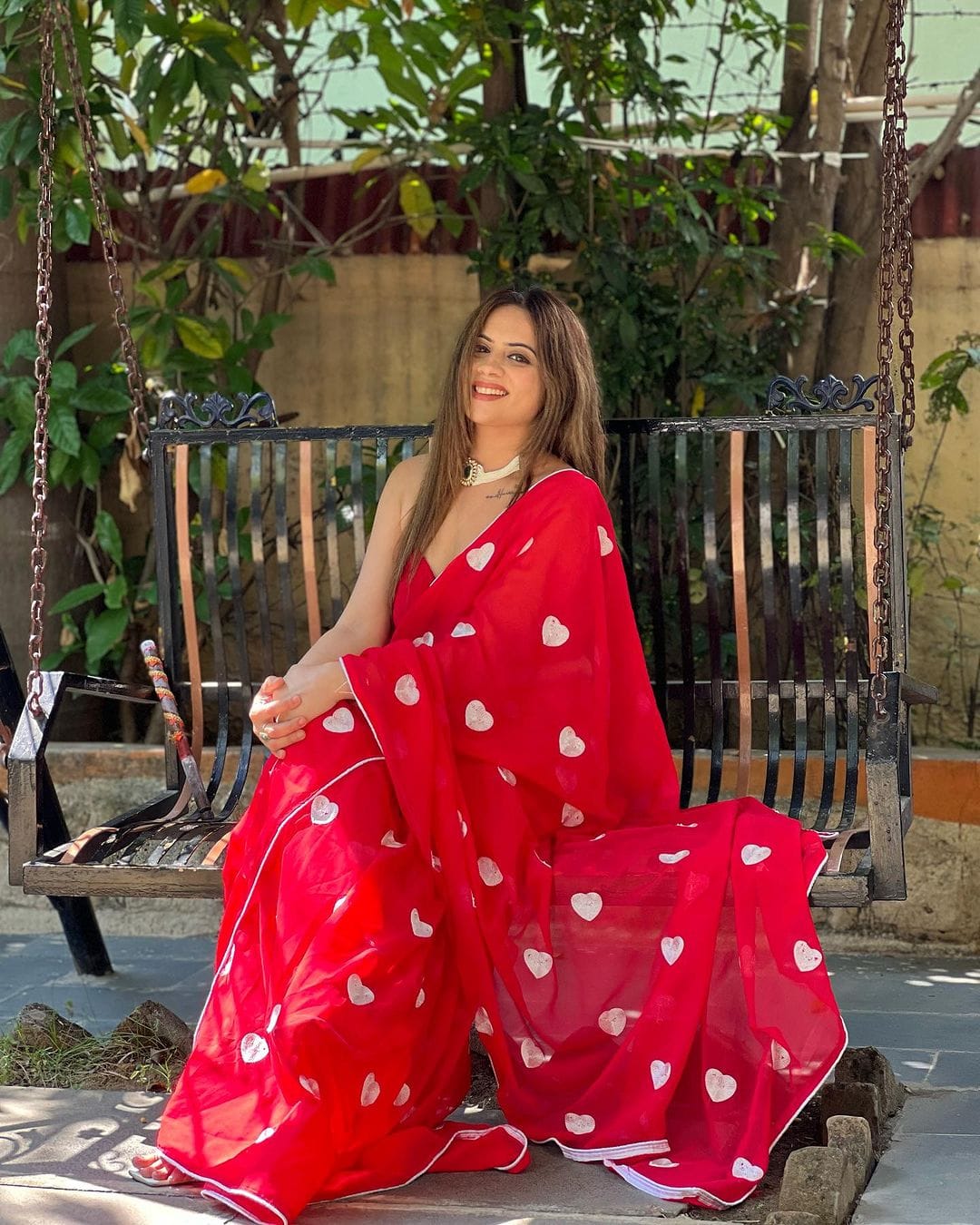 Ready To Wear Georgette  Ruby Red Heart Motif Designer Saree