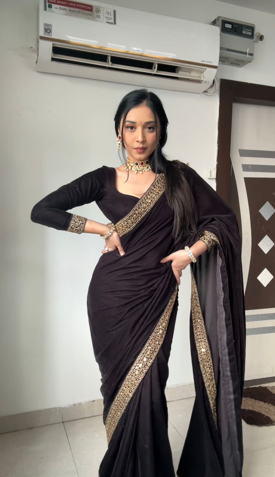 Black, Blue, Red Elegant Saree With Golden Designer Border