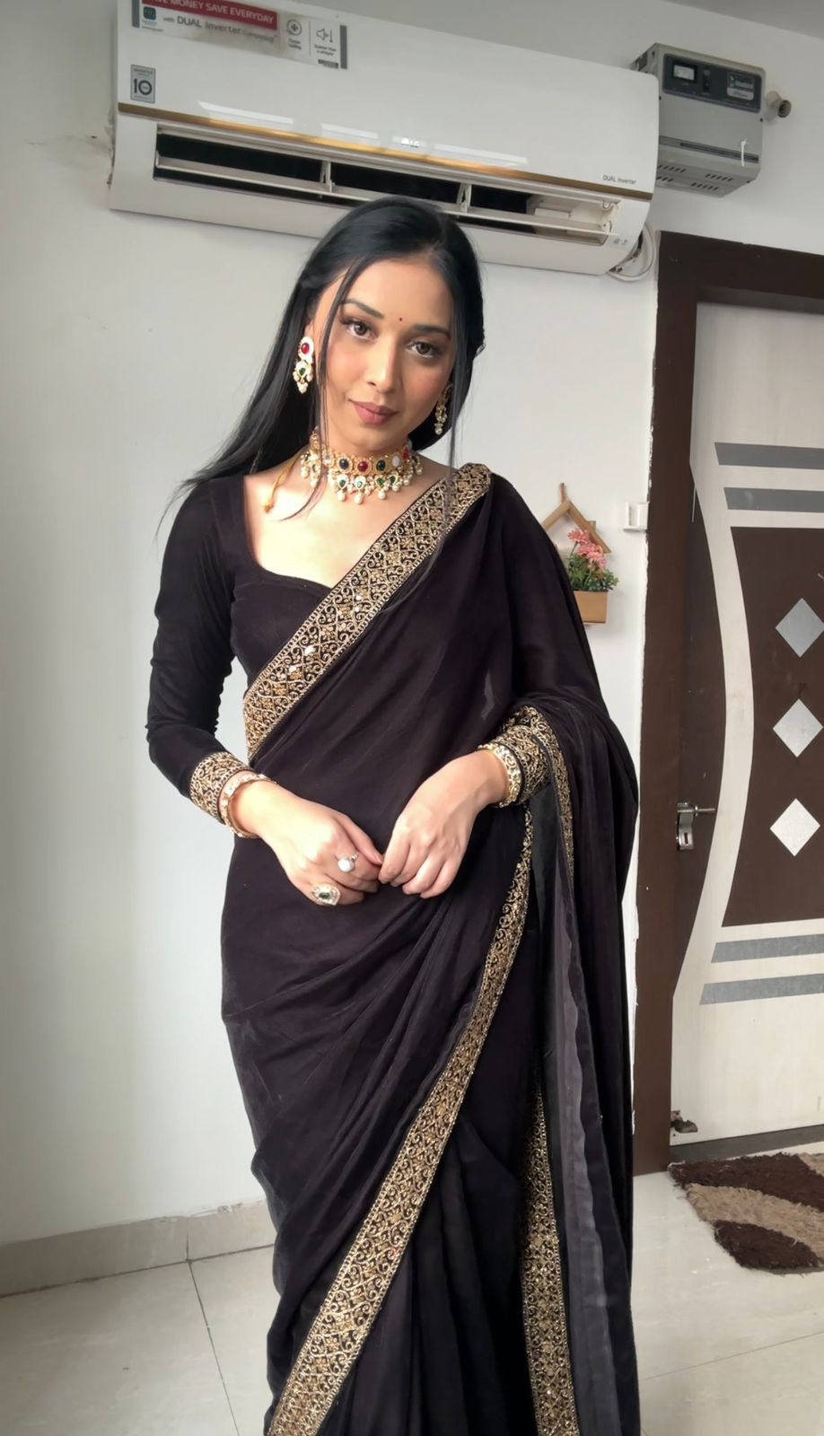 Black, Blue, Red Elegant Saree With Golden Designer Border