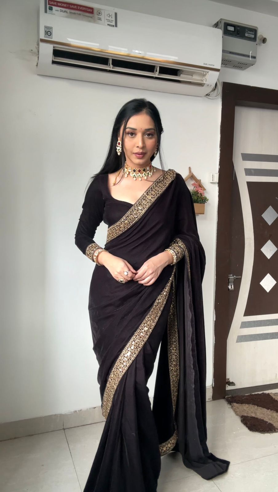 Black, Blue, Red Elegant Saree With Golden Designer Border