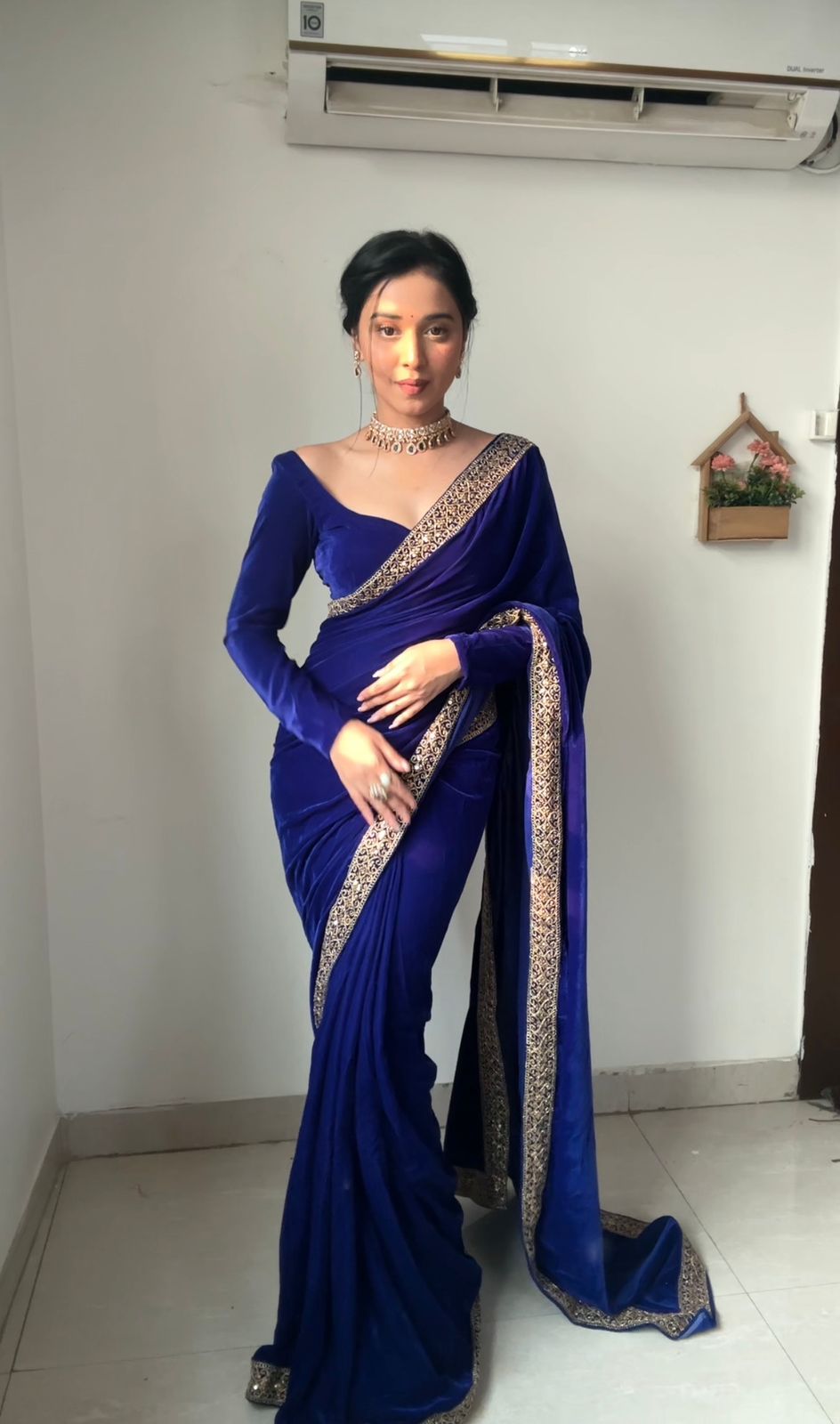 Black, Blue, Red Elegant Saree With Golden Designer Border