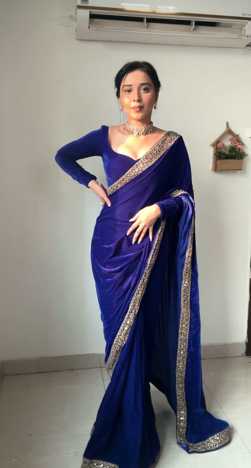 Black, Blue, Red Elegant Saree With Golden Designer Border