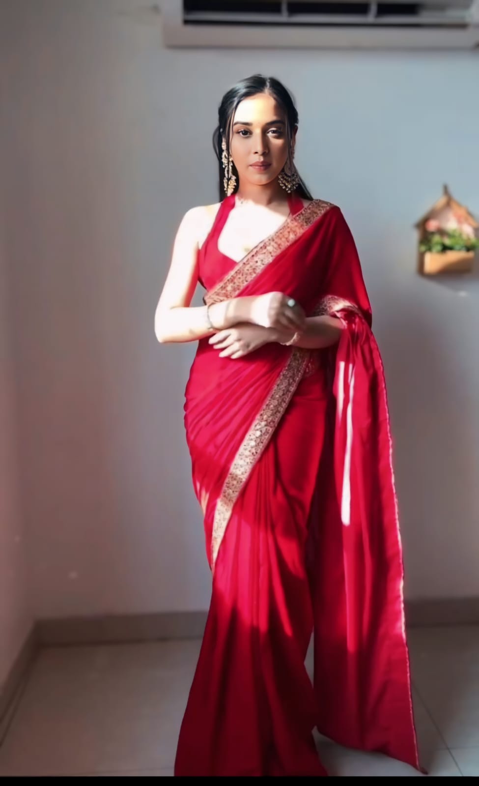 Black, Blue, Red Elegant Saree With Golden Designer Border