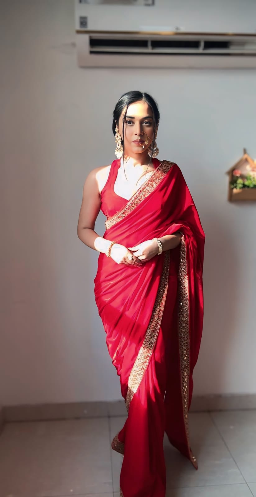 Black, Blue, Red Elegant Saree With Golden Designer Border