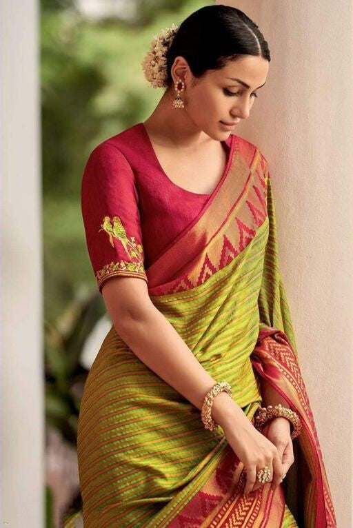 Green Red Traditional Cotton Silk Saree