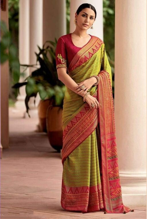 Green Red Traditional Cotton Silk Saree