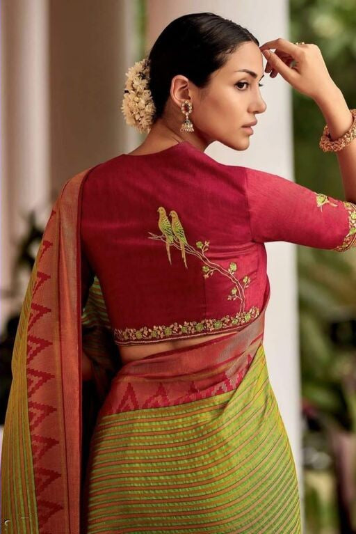 Green Red Traditional Cotton Silk Saree